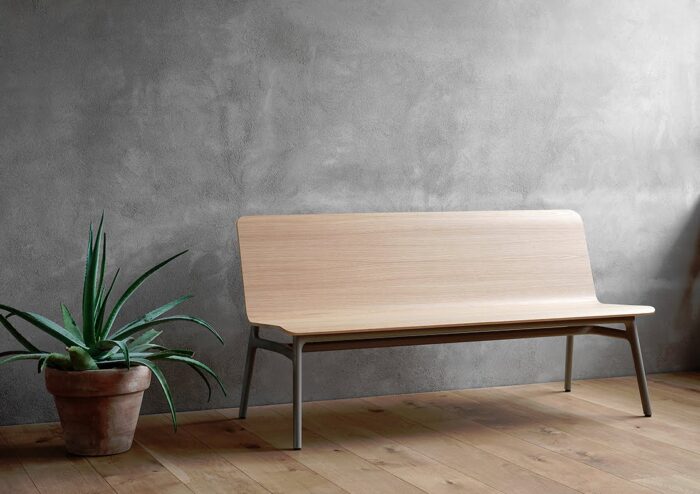 Axyl Bench with oak veneer ply shell and grey frame