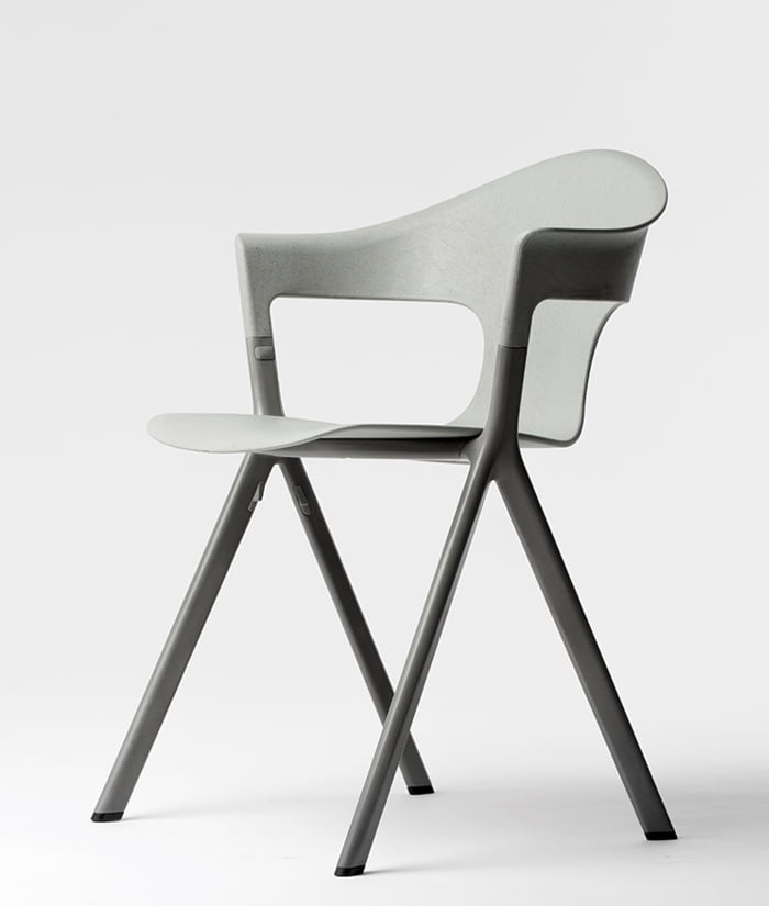 Axyl Chair & Stool side view of armchair in grey finish