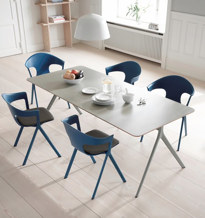 Axyl Tables rectangular dining height table shown with five chairs in a canteen space