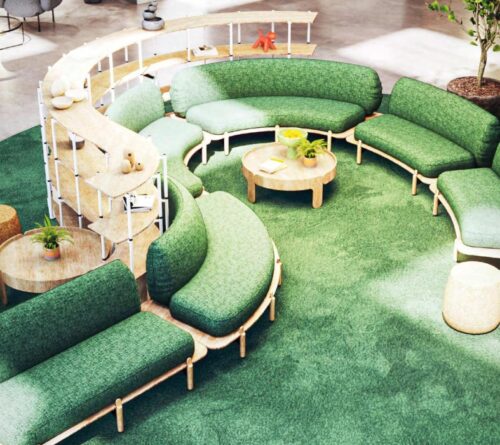 Bae Modular Seating configuration shown in a breakout space with Bamboo Curved Shelves
