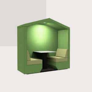 Bea 2 seat with end wall booth shown with table, light and roof