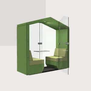 Bea 2 seat with glass end wall + glass door booth shown with table, light and roof