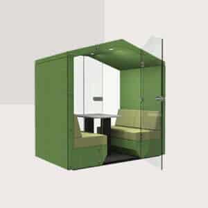 Bea 4 seat with glass end wall + glass door booth shown with table, lights and roof