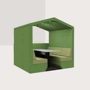 Bea 6 seat with half end wall booth shown with table, lights and roof