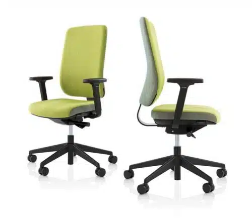 Being Task Chair pair of chairs with green upholstery and black 5 star bases on castors