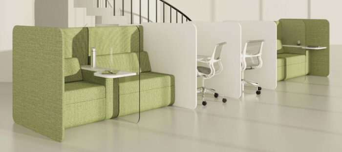 Betty Modular Seating And Desking group of three single seat modules and two desk modules with glass and laminate dividers