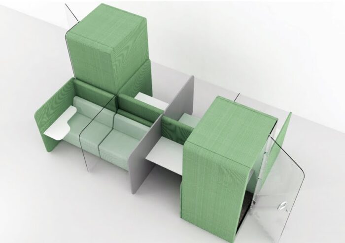 Betty Modular Seating And Desking single seat and desk modules grouped together with penelope phone booths
