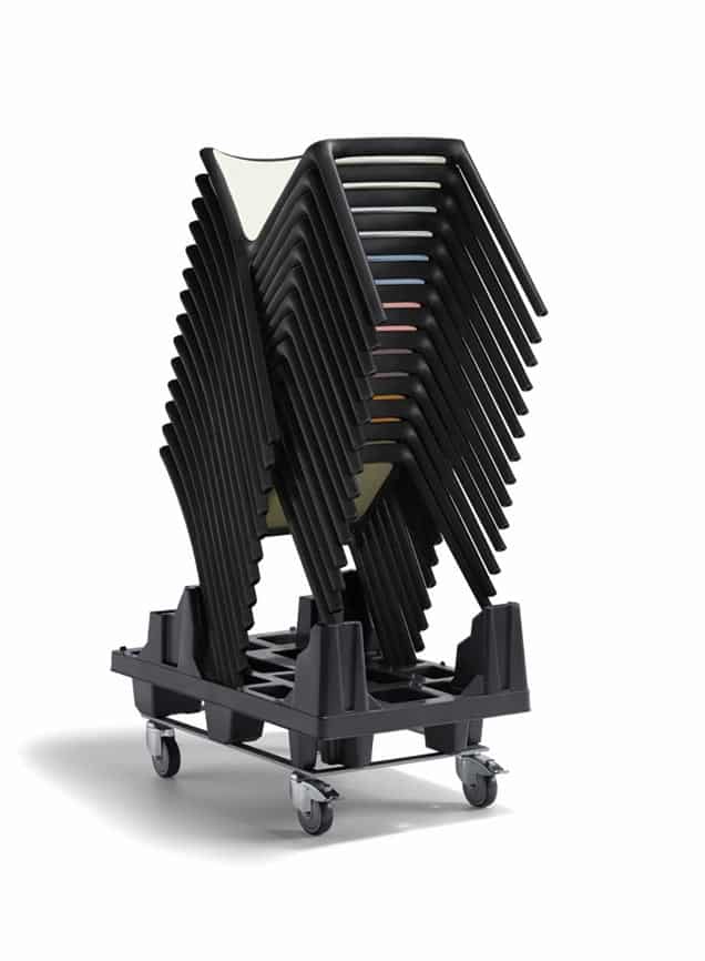 Bika Chair fourteen polypropylene stacked chairs on a trolley