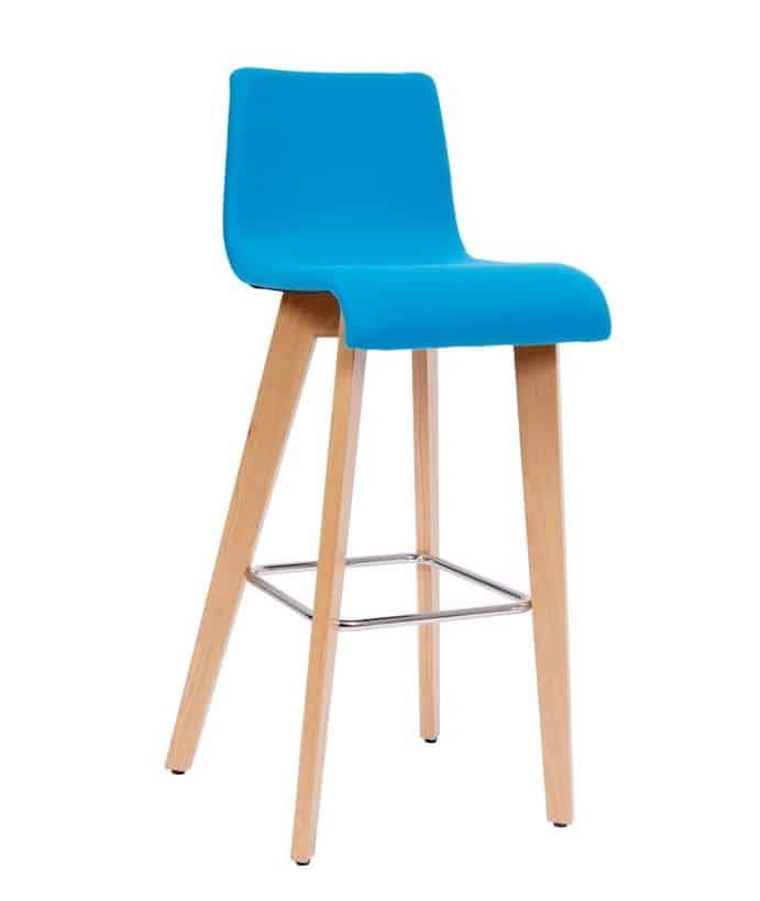Blaze Chair & Stool high stool with blue upholstered seat and back, 4 leg oak frame with chrome footring