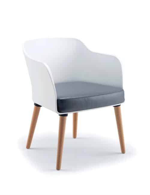 Bloom Visitor Chair with a white polypropylene shell, upholstered seat pad and a 4 leg wooden frame