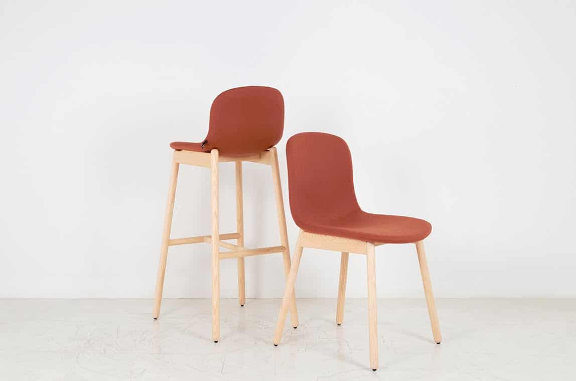 Blume Chair And Stool with fully upholstered seats and 4 leg wooden frames