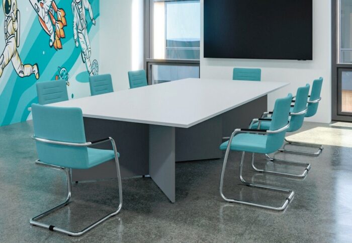 Boardroom Tables with a white rectangular top and an arrowhead base in grey
