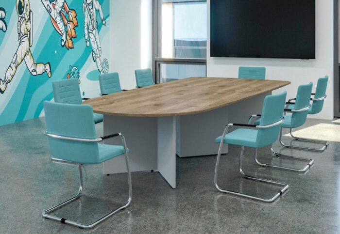 Boardroom Tables with a wood effect pear shaped top and an arrowhead base in white