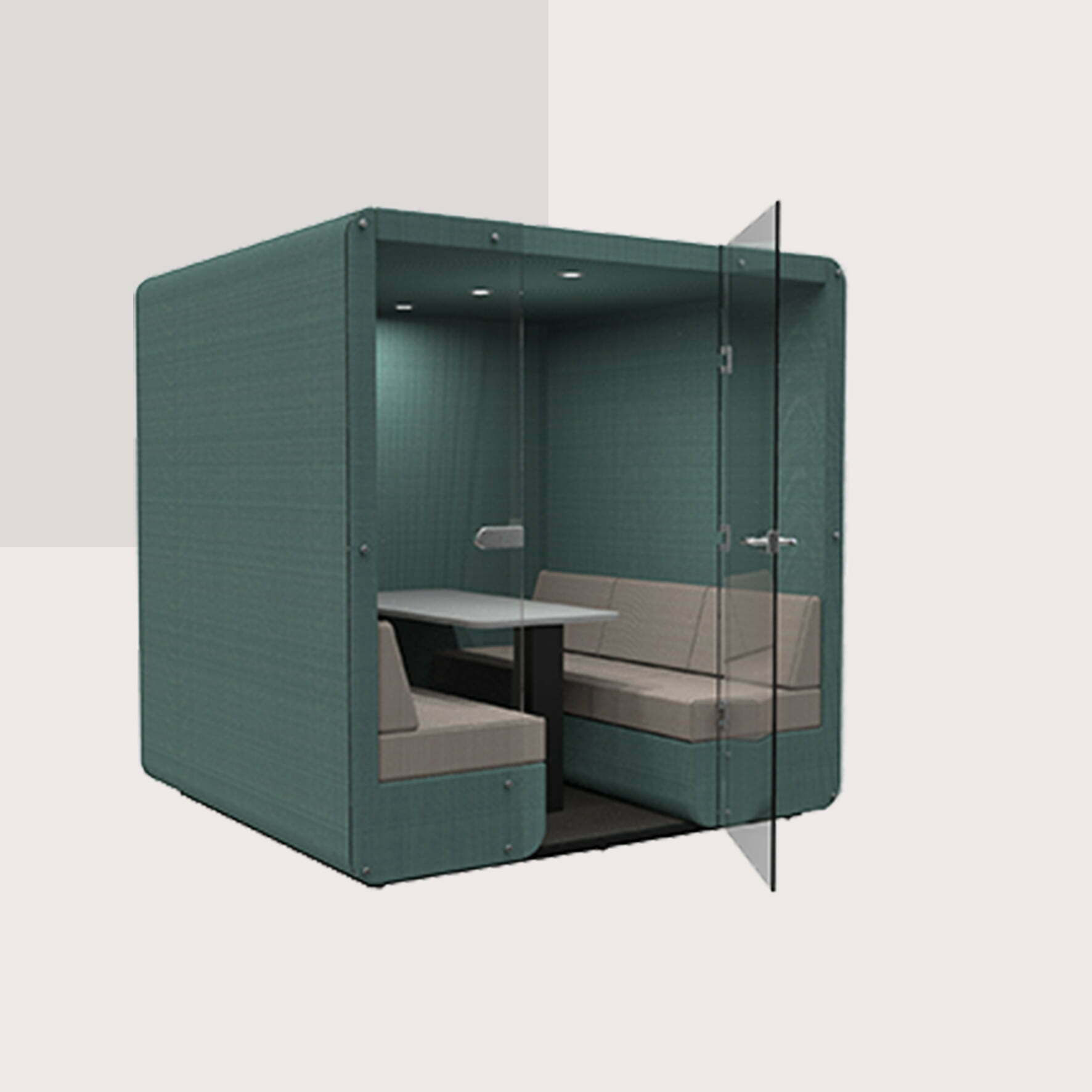 Bob 6 seat booth with glass door and upholstered end wall