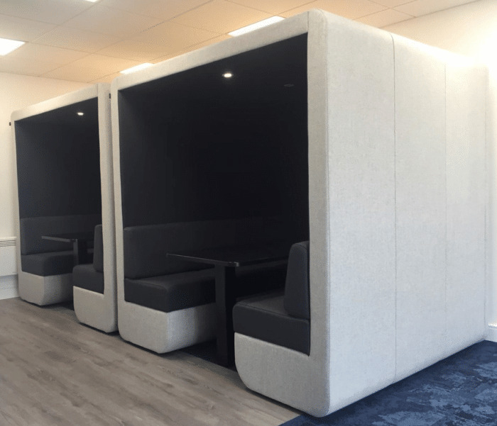 Bob Meeting Den 6 seater booths with upholstered end wall and open front shown side by side