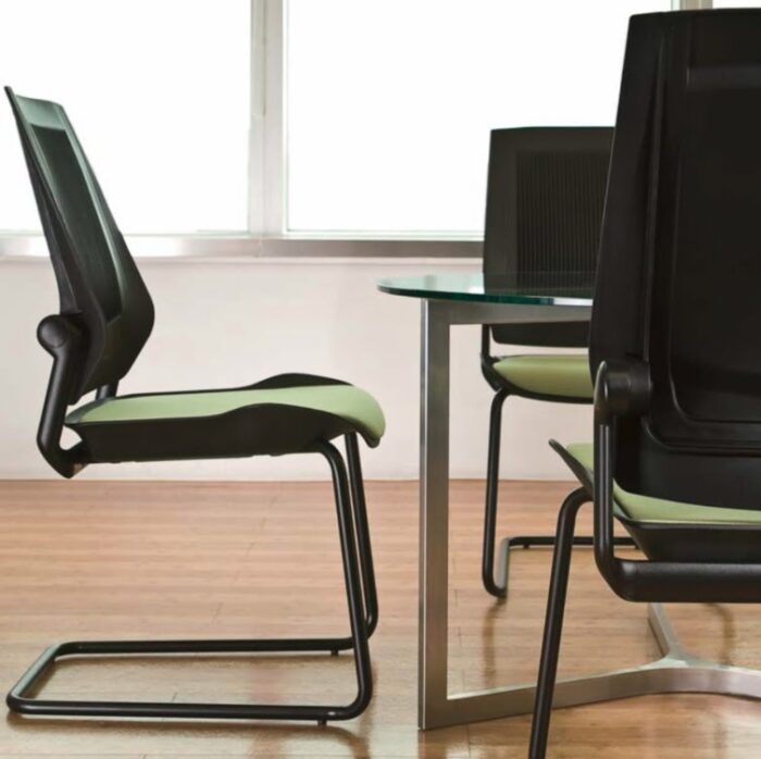 Bodyflex Visitor Chair group of cantilever chairs with green seats and black back rests