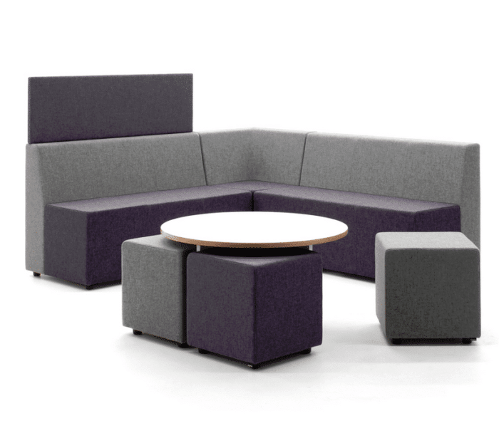 Box-It Modular Seating & Tables L shape unit with partial high back shown with single square stools and table