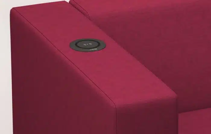 Box Soft Seating close up of sofa arm showing integrated power module