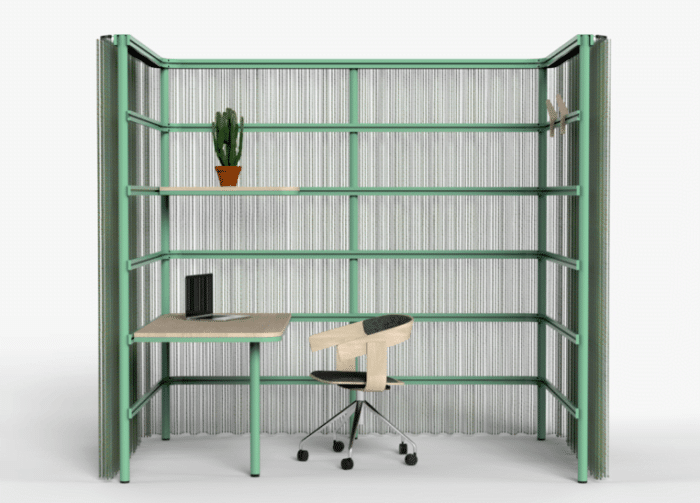 BuzziBracks Modular Rooms with a green frame, shown with a left hand worktop, shelf and two hooks
