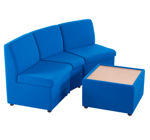 Cabbie Modular Soft Seating row of three units and table with wood effect top