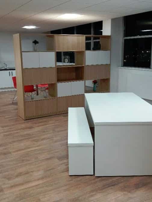 Cafe Bench Tables And Seats shown in white finish in a workspace