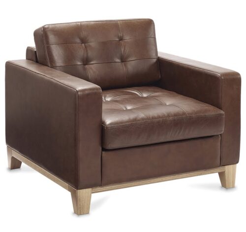 Check Soft Seating armchair in brown leather with 4 leg natural oak base SCK1B