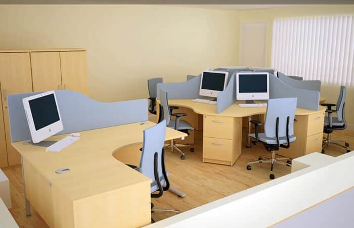 Circular Call Centre Desks 6 person configuration shown with a matching workstation with grey screens and pedestals in a workspace