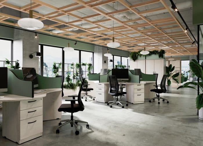 Circular Call Centre Desks with three drawer pedestals in white, and green screens, shown in an open plan office