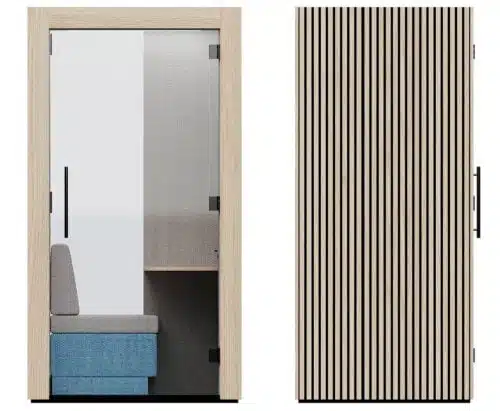 Clara Acoustic Pod - front and side view of booth with interior seat, table and slatted exterior