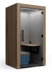 Clara Acoustic Pod with interior seat, table and cladded exterior