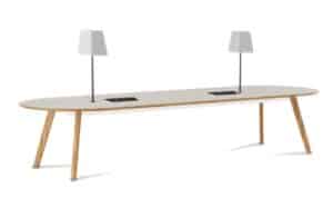 Co.Table D end meeting table with laminate top TCBL shown with 2 x lamps and power modules