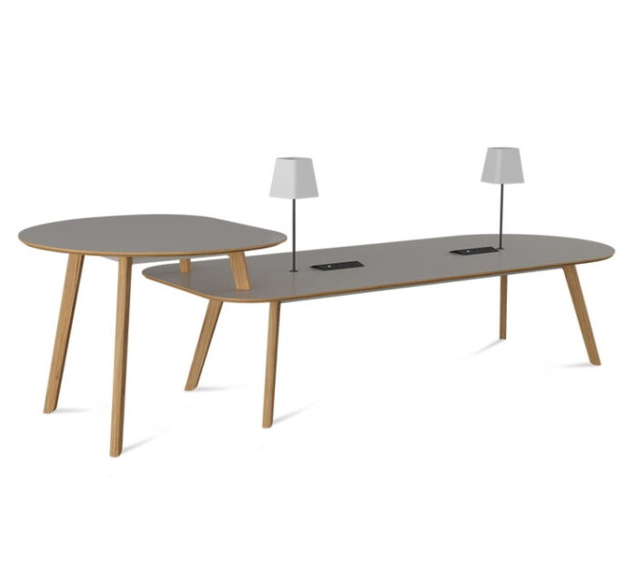 Co.Table co-working table with Oak frame, integrated lamps and power modules