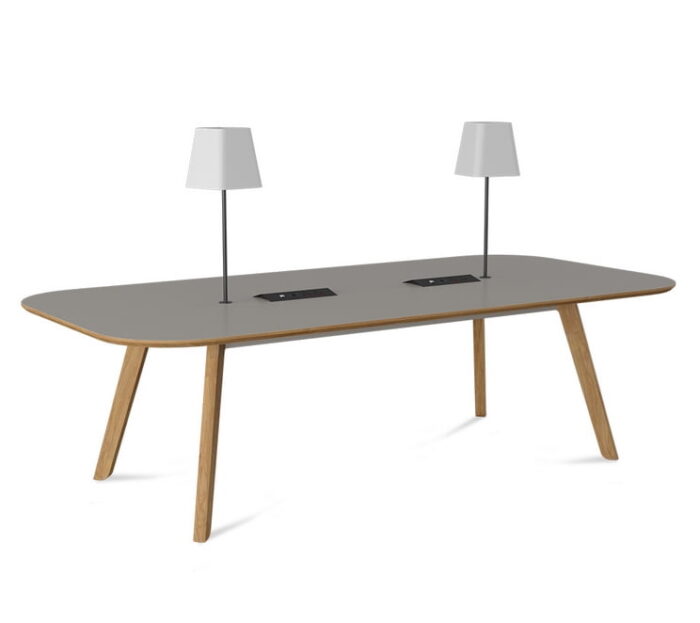 Co.Table squared ends table with Oak frame, integrated lamps and power modules