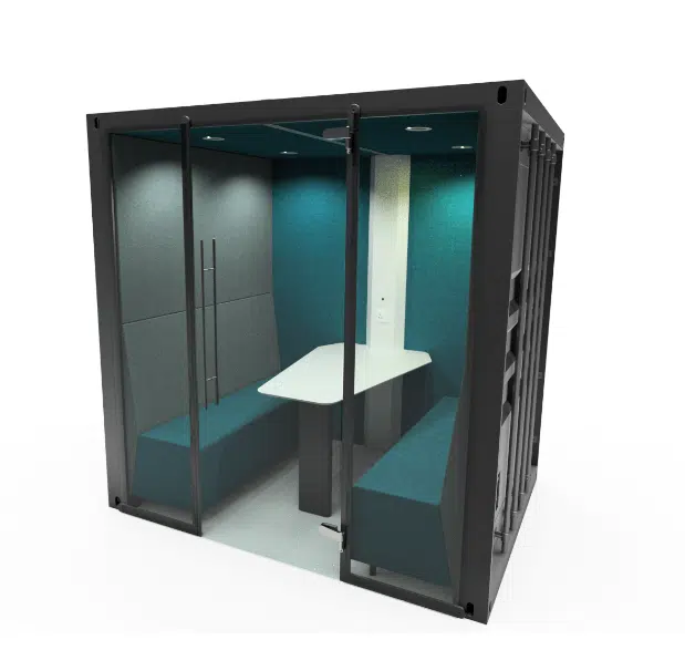 Container Box glass fronted 4 seater booth with worksurface and upholstered back wall and seats in turquoise fabric shown at an angle