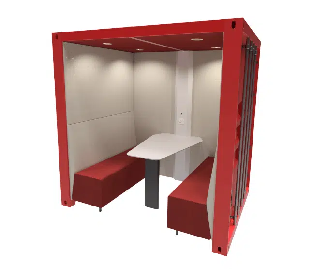 Container Box open front 4 seater booth with worksurface and red and cream upholstery