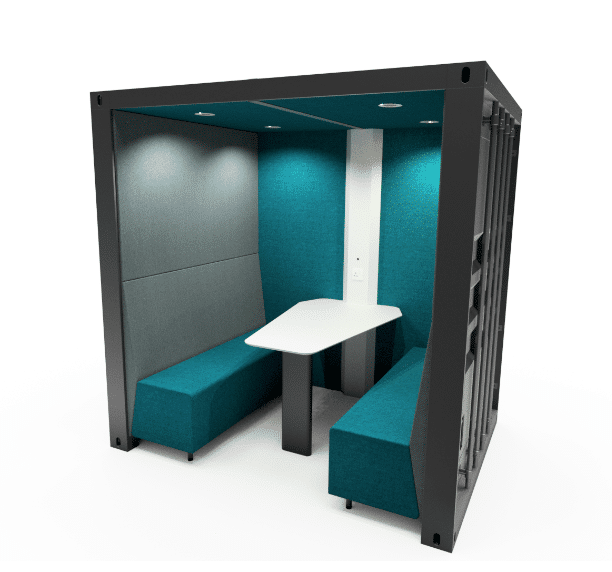 Container Box open front 4 seater booth with worksurface and upholstered back wall and seats in turquoise fabric shown at an angle