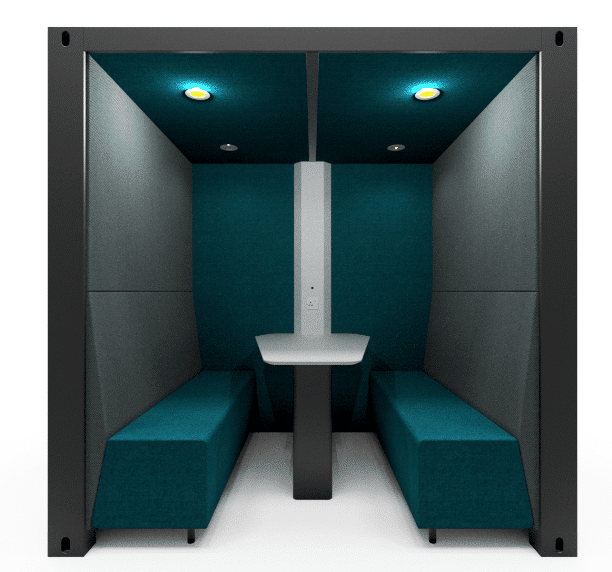 Container Box open front 4 seater booth with worksurface and upholstered back wall and seats in turquoise fabric