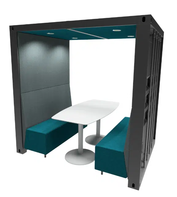 Container Box open front and back 4 seater booth with worksurface and upholstered seating in turquoise fabric