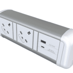 Desk Top USB Charger in a Contour Metal Power Module 3 gang white and silver unit