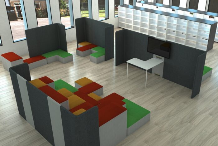 Creator Tiered Seating configuration with privacy panels being used as a presentation space