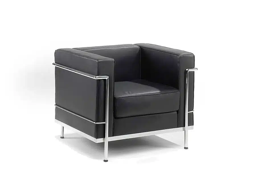 Cube Retro Sofa single seater with black leather upholstery and chrome frame surround 610-1
