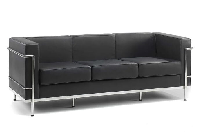 Cube Retro Sofa three seater with black leather upholstery and chrome frame surround 610-3