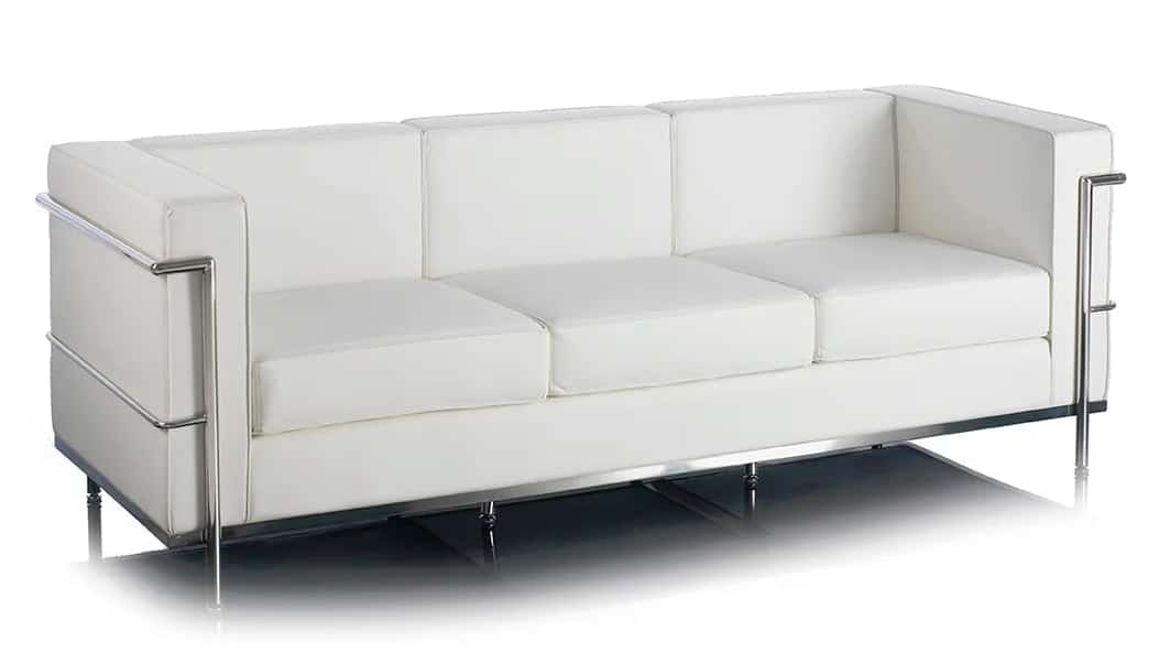 Cube Retro Sofa three seater with whie leather upholstery and chrome frame surround 610-3