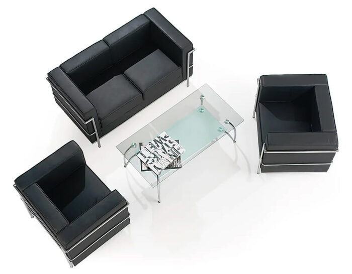 Cube Retro Sofa two seater and 2 single seaters in black leather shown with a rectangular glass coffee table