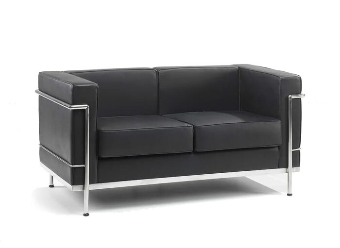 Cube Retro Sofa two seater with black leather upholstery and chrome frame surround 610-2