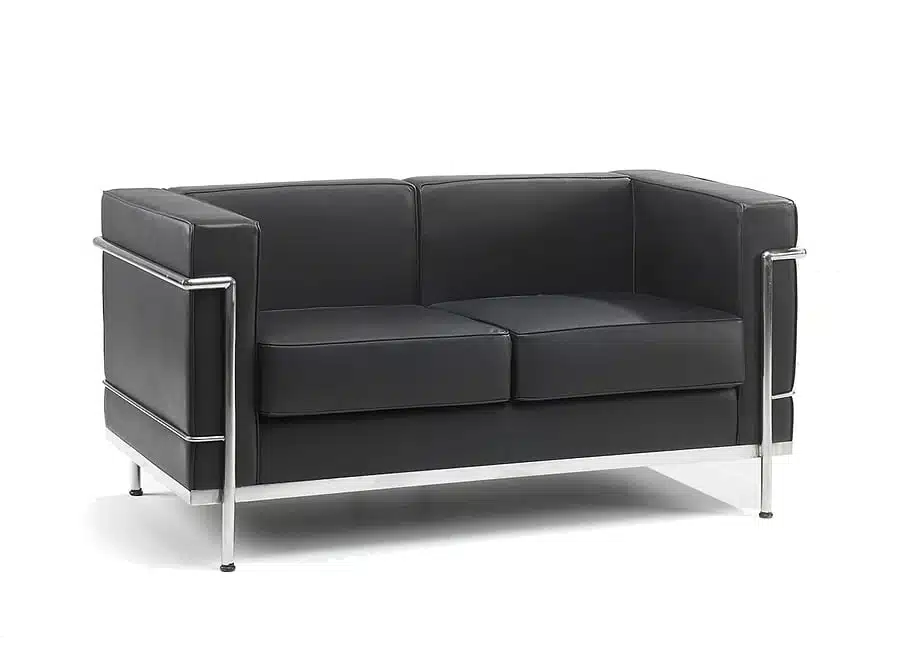 Cube Retro Sofa two seater with black leather upholstery and chrome frame surround 610-2
