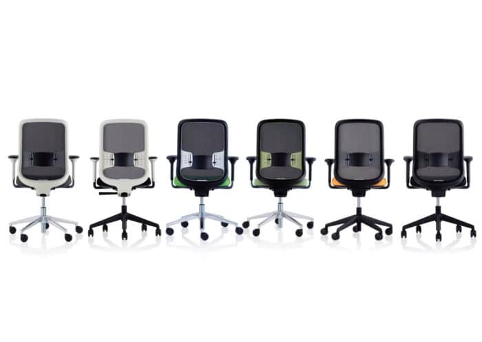 Do Mesh Task Chair six chairs with arms and white and black bases in a row