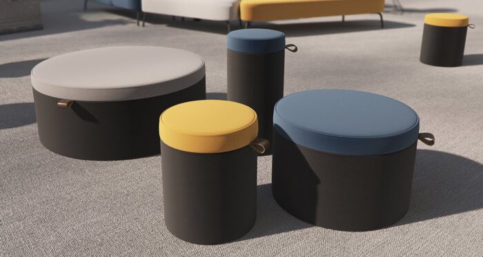 Dolly Stool group of four upholstered stools shown in a breakout area