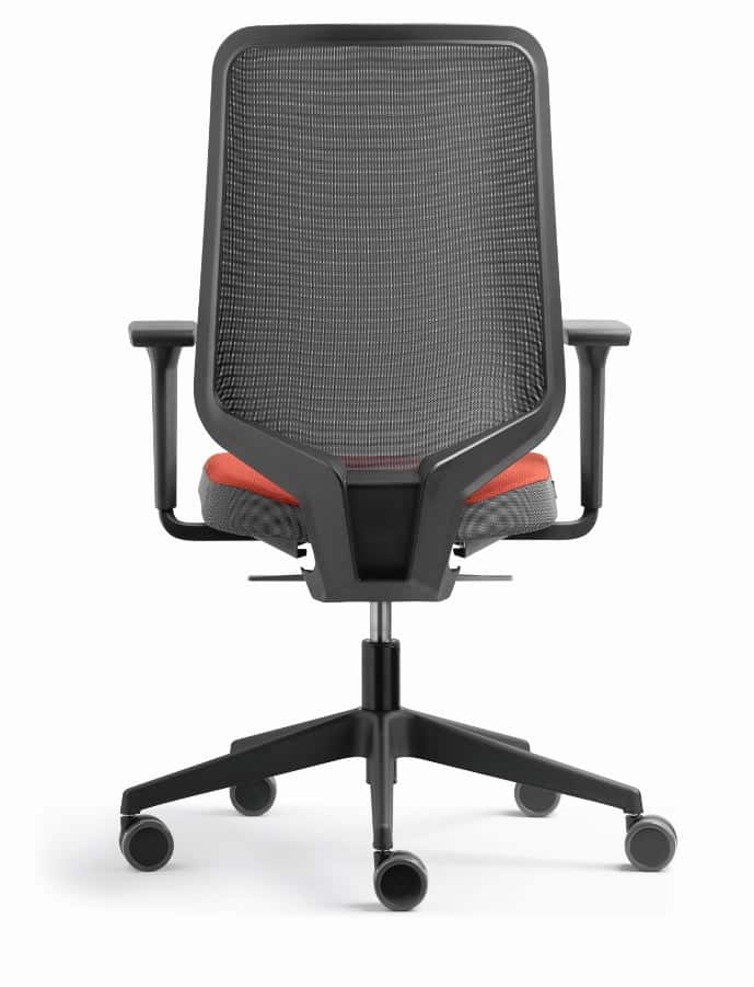 Dot.Pro Task Chair rear view of chair with upholstered seat, mesh back, black base and 1D adjustable arms