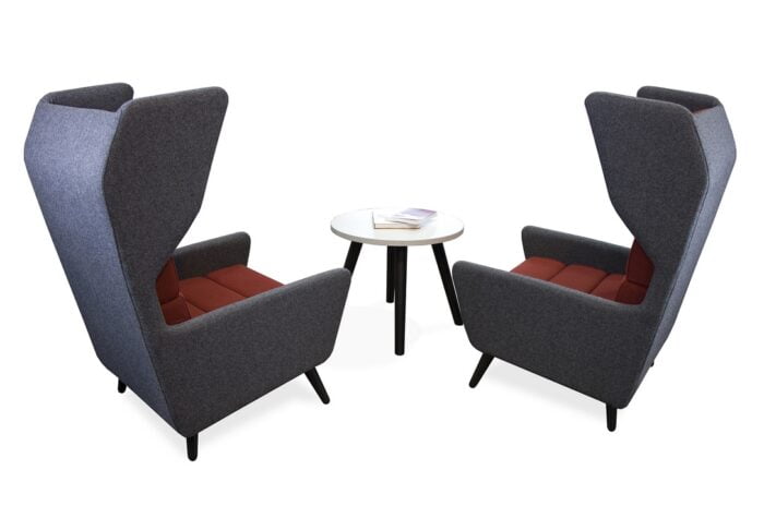Douglas Soft Seating two wing back chairs shown with a coffee table